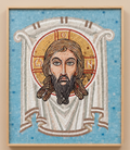 Handgefertigtes Naturstein-Mosaik mit Darstellung von Jesus Christus im Holzrahmen