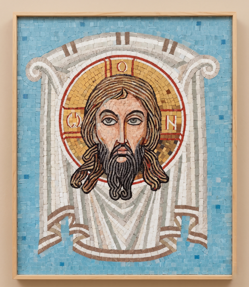 Handgefertigtes Naturstein-Mosaik mit Darstellung von Jesus Christus im Holzrahmen