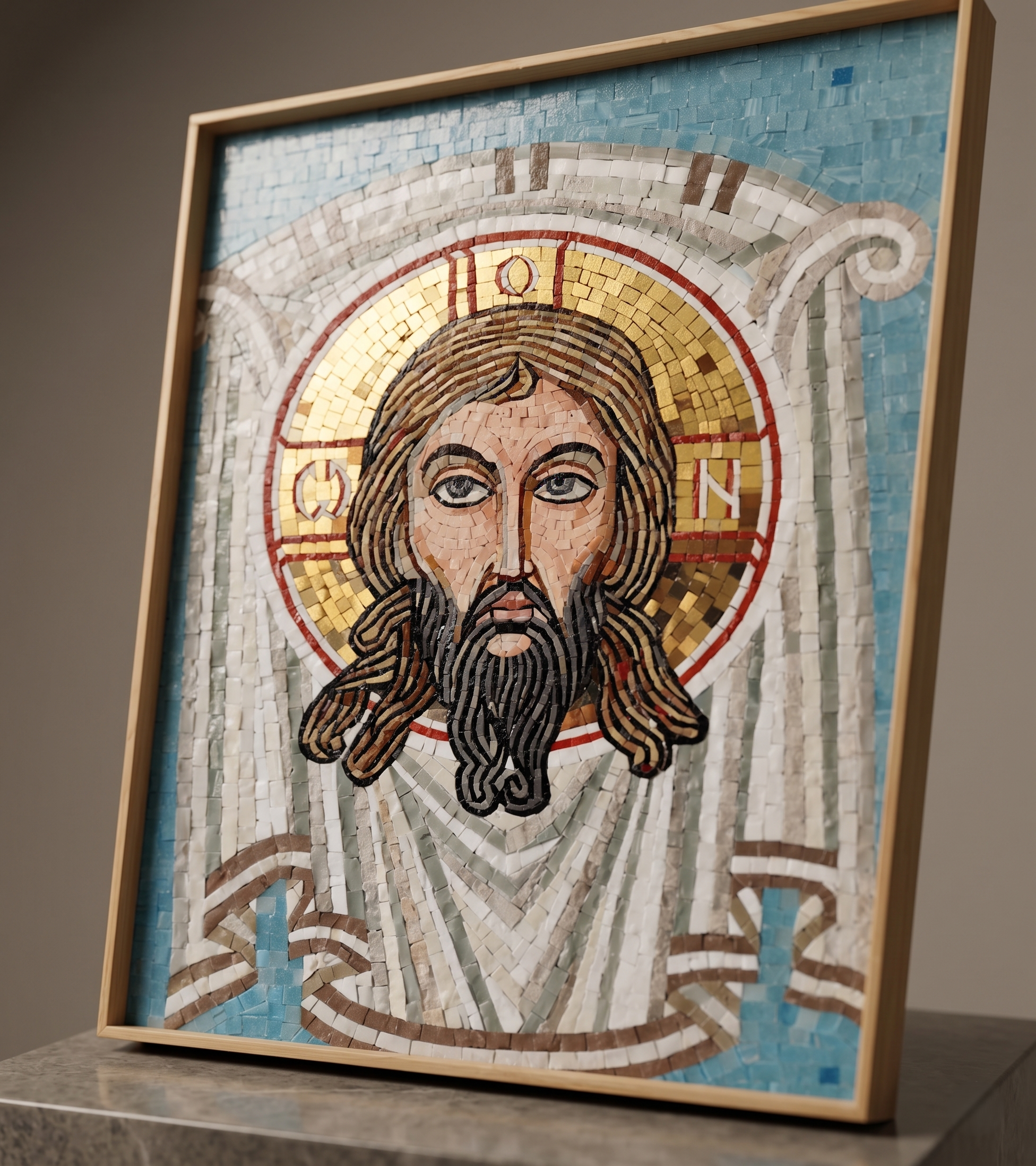 Jesus Christus Mosaik aus Naturstein – Detailansicht des handgefertigten Kunstwerks